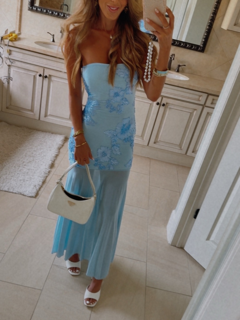 Selfie Leslie Strapless Light Blue Floral Embroidered Maxi Dress